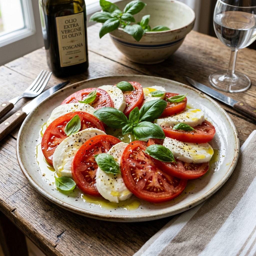 Plate of Caprese salad with sliced tomatoes, mozzarella, basil leaves, black pepper, and olive oil.