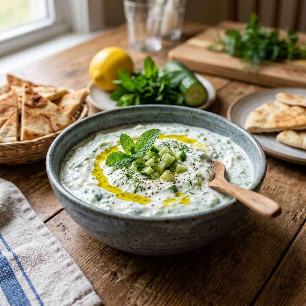 Bowl of tzatziki sauce topped with diced cucumber and mint leaves, surrounded by pita bread and fresh ingredients