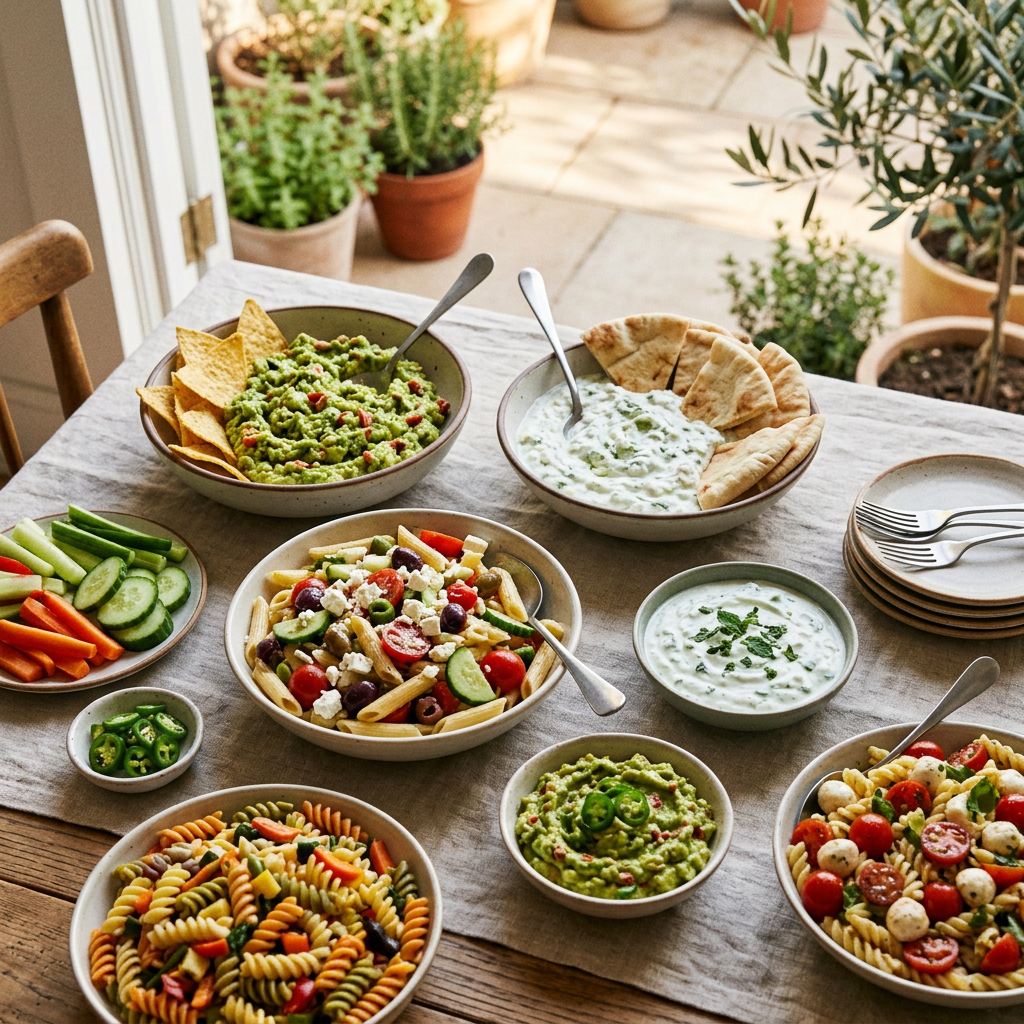 Mediterranean pasta salads, guacamole with chips, vegetable sticks, tzatziki with pita bread, and garnishes on a table