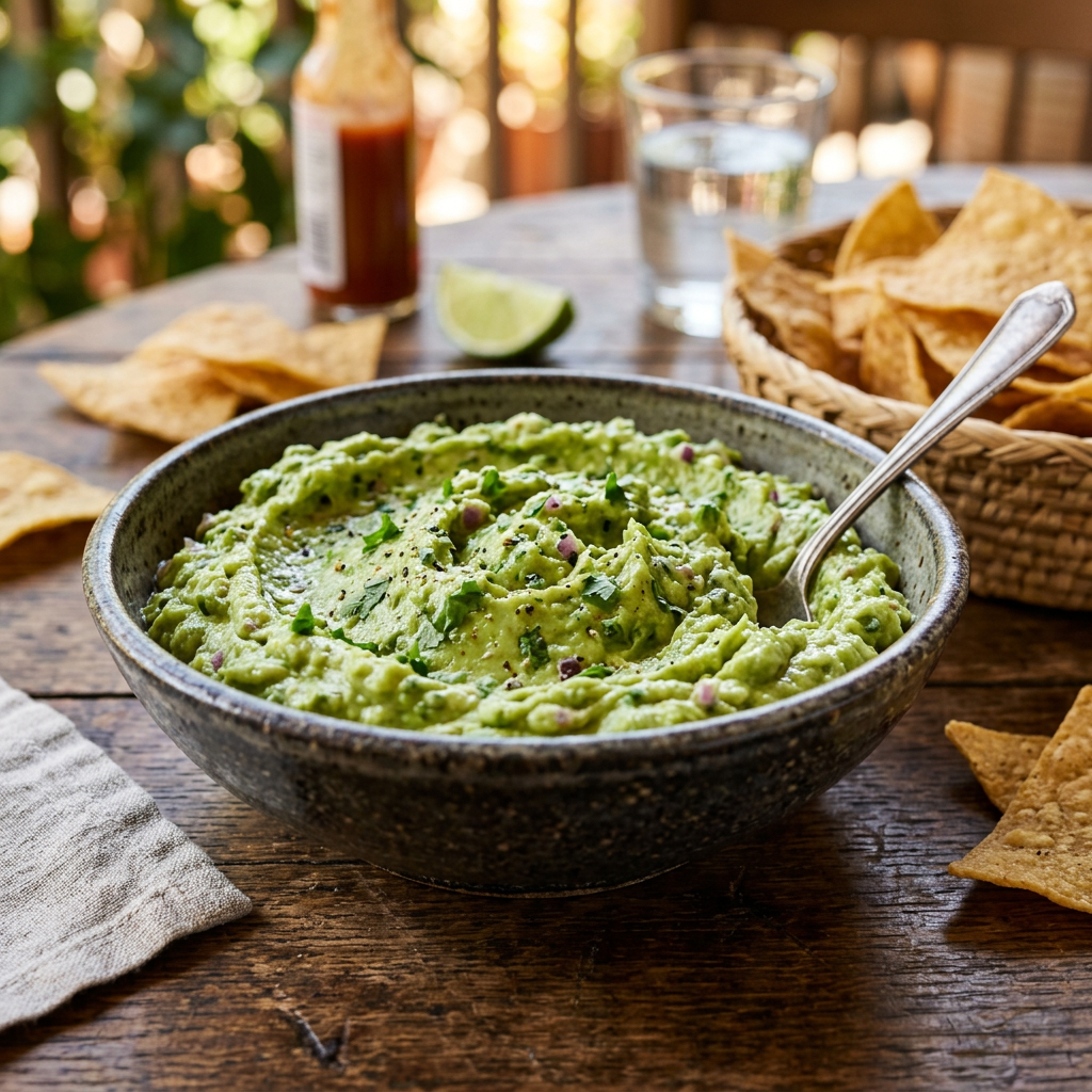 Bowl of guacamole with herbs and red onion, spoon inside, surrounded by tortilla chips and lime wedge