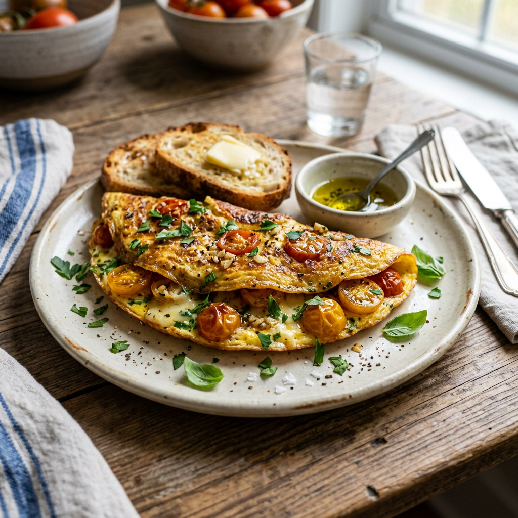 Omelette with cherry tomatoes, herbs, and melted cheese on a plate with bread and dipping sauce