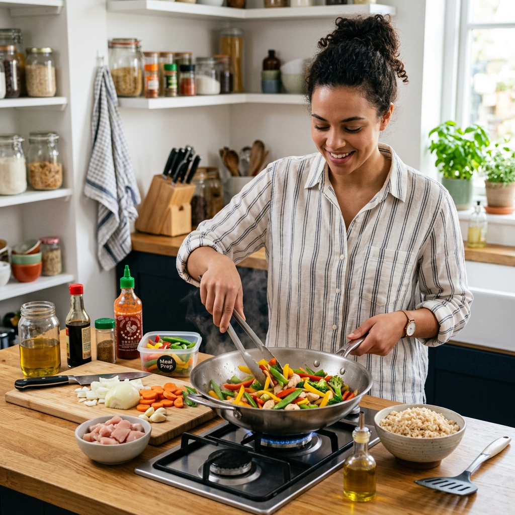 Woman cooking stir-fry with vegetables and chicken in a kitchen