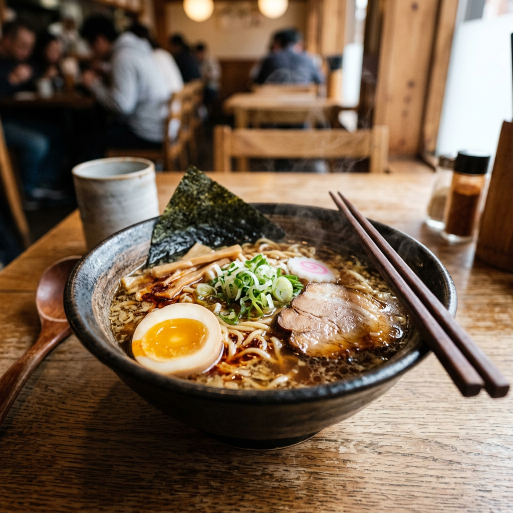 Steaming bowl of ramen with egg, pork, seaweed, and noodles