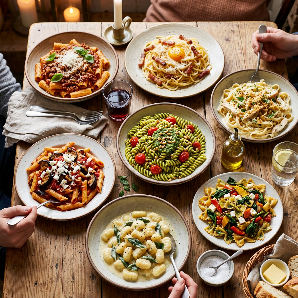 Seven plates with different Italian pasta dishes on a wooden table with hands reaching in